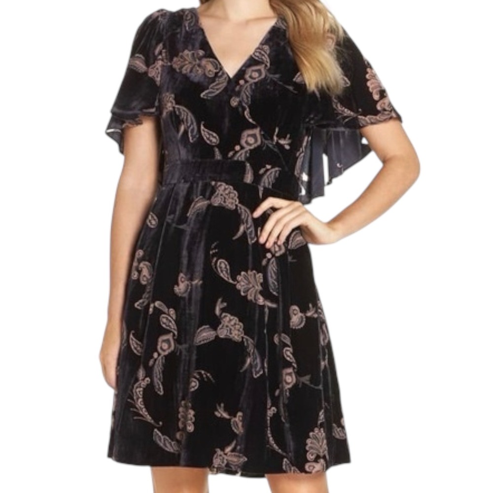 Eliza J‎ Velvet Burnout Cape Sleeve Floral Paisley V Neck Dress Size 16 Feminine